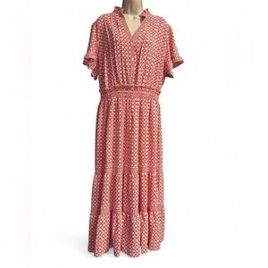 Max Studio NWT Red White Boho Midi Dress 2X Tiered Smocked Waist Cottagecore